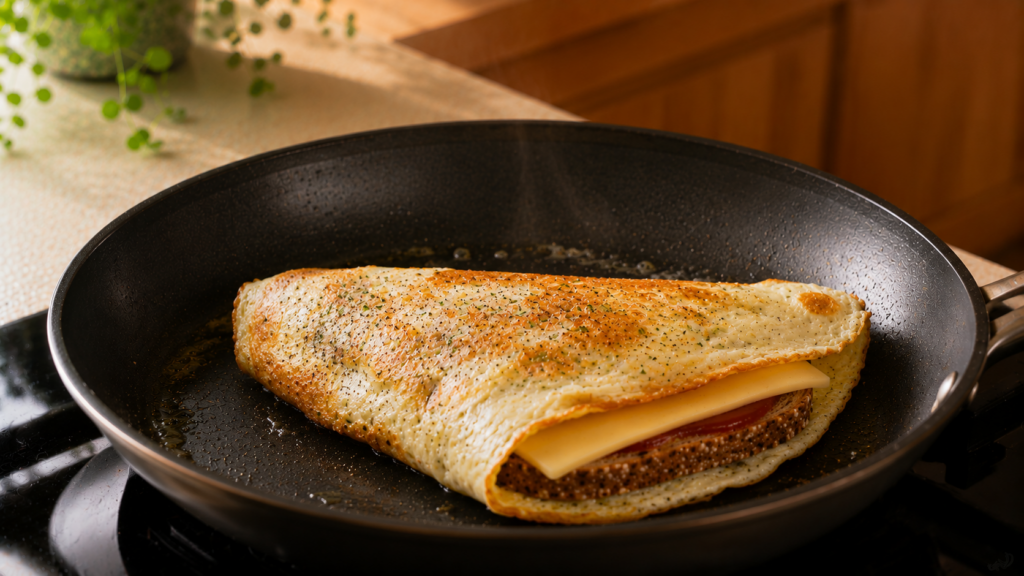Frühstückssandwich mit Ei und Käse wird in der Pfanne zusammengeklappt