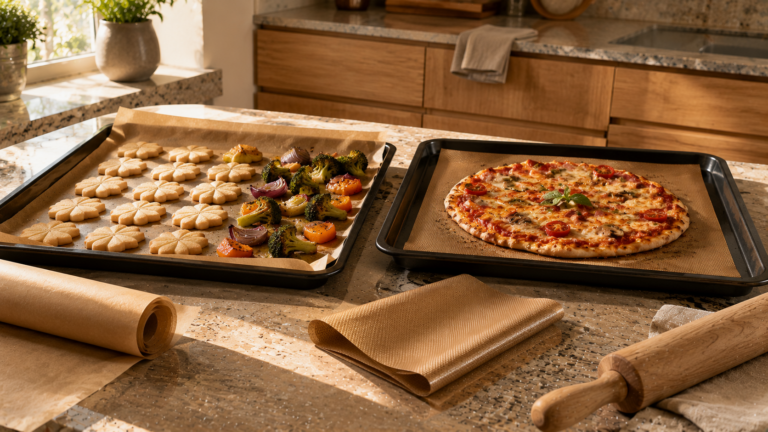 Backpapier auf Backblechen mit Pizza und Ofengemüse