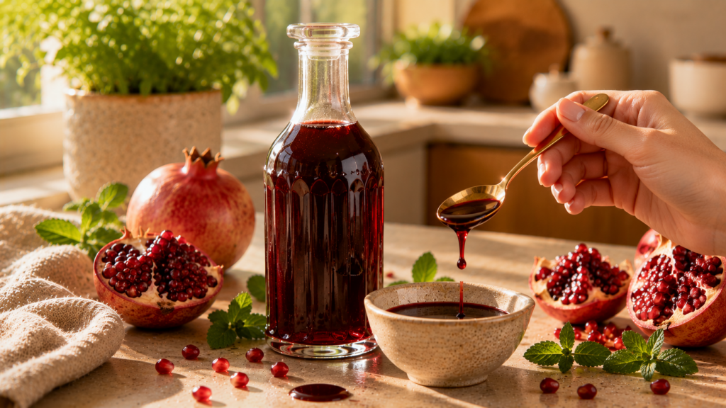 Granatapfelsirup mit frischem Granatapfel und Granatapfelkernen