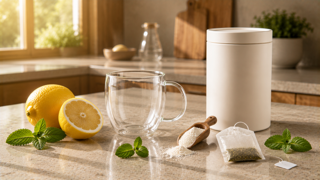 Zutaten für Grüntee mit Teebeutel, Zitrone und Minze