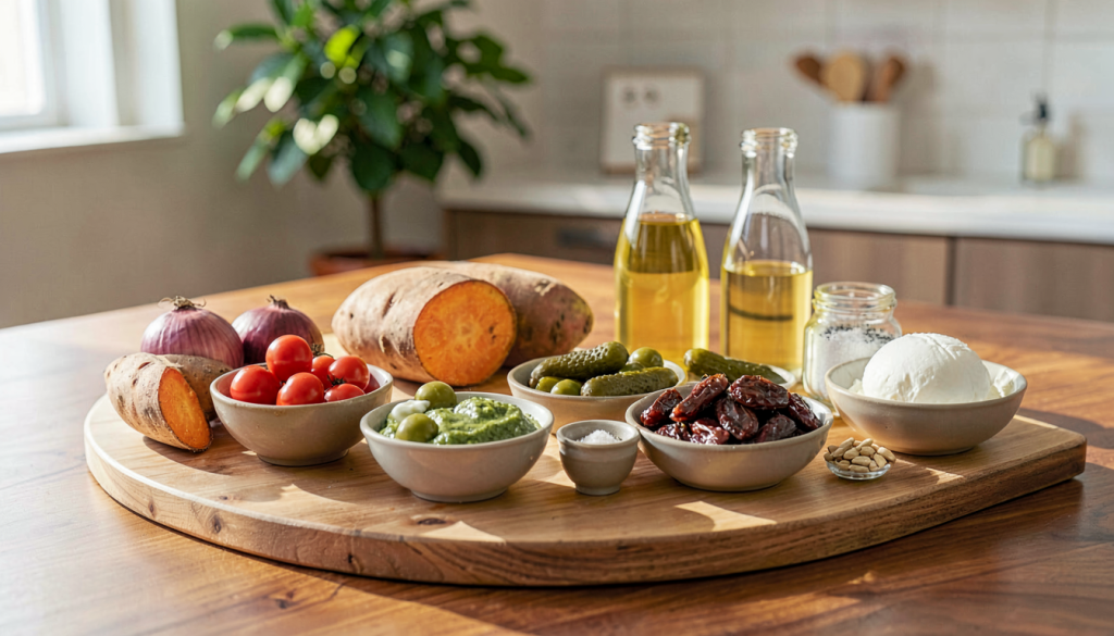 Zutaten für mediterranen Süßkartoffelsalat mit Süßkartoffeln, Tomaten, Oliven und Mozzarella