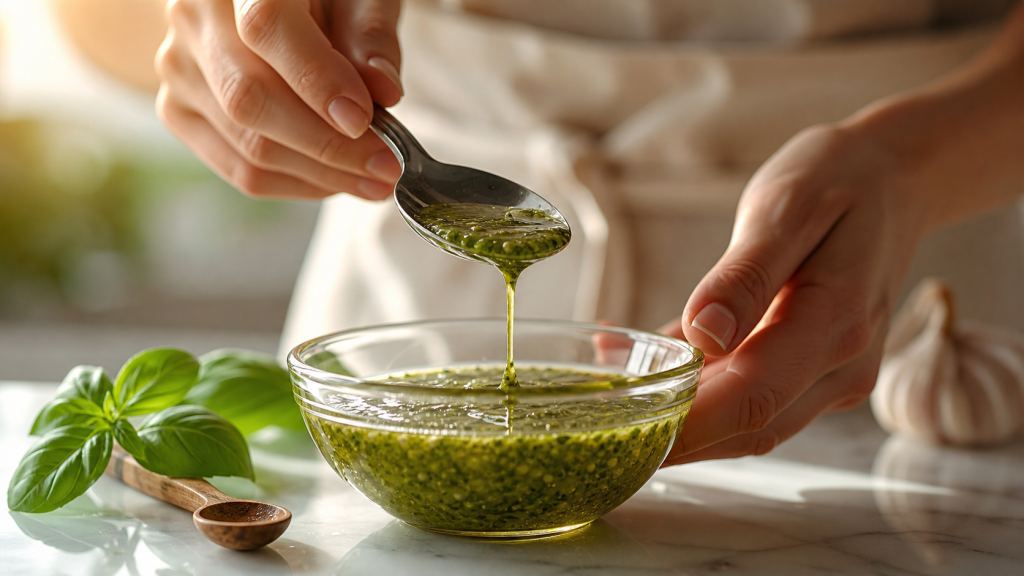 Mediterranes Pesto-Dressing wird für den Süßkartoffelsalat angerührt