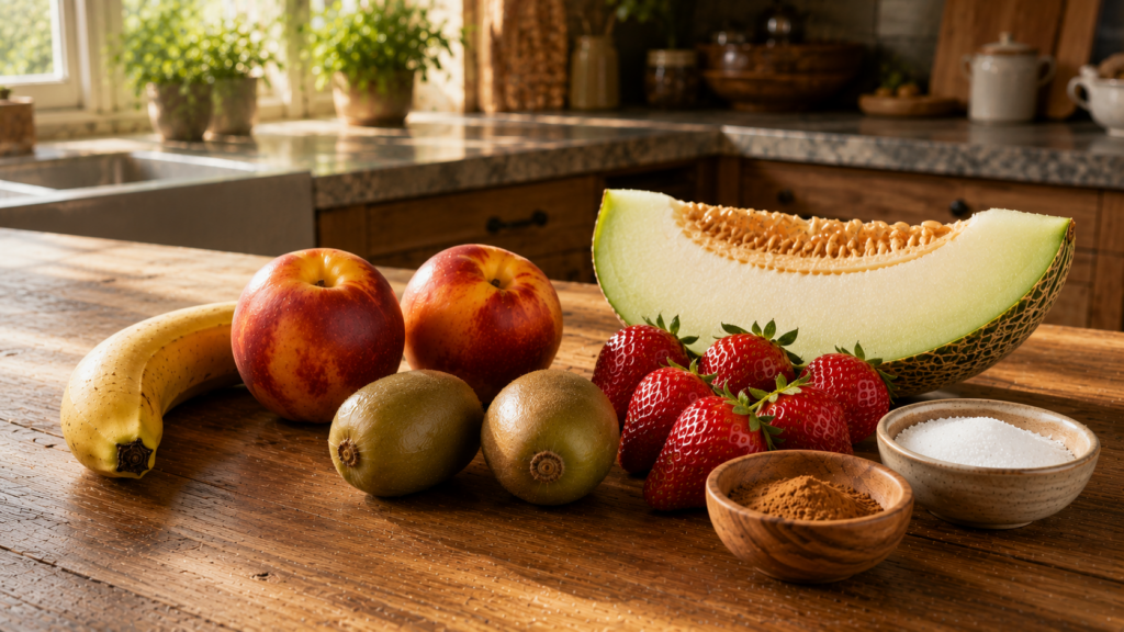 Zutaten für Obstsalat mit Banane, Kiwi, Erdbeeren, Melone und Pfirsich