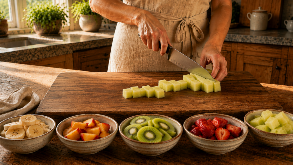 Honigmelone wird für den Obstsalat in Würfel geschnitten