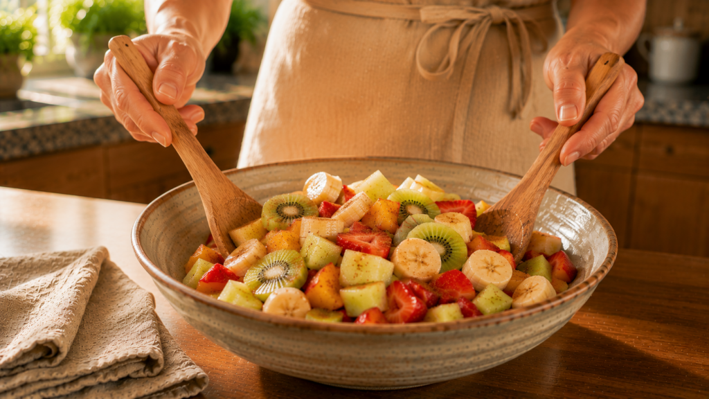 Obstsalat mit Banane, Kiwi, Erdbeeren und Melone wird vermischt