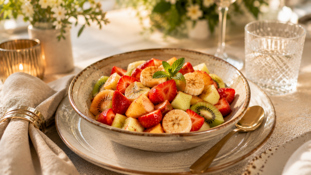 Fertiger Obstsalat mit Banane, Kiwi, Erdbeeren und Melone