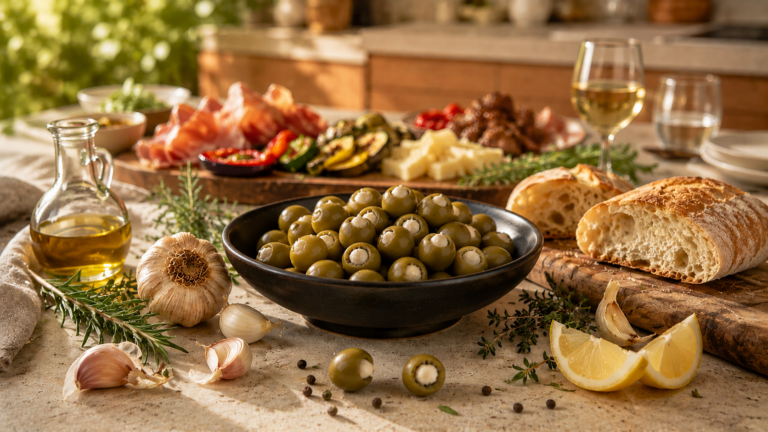 Schale mit grünen Oliven, Brot, Käse und mediterranen Beilagen