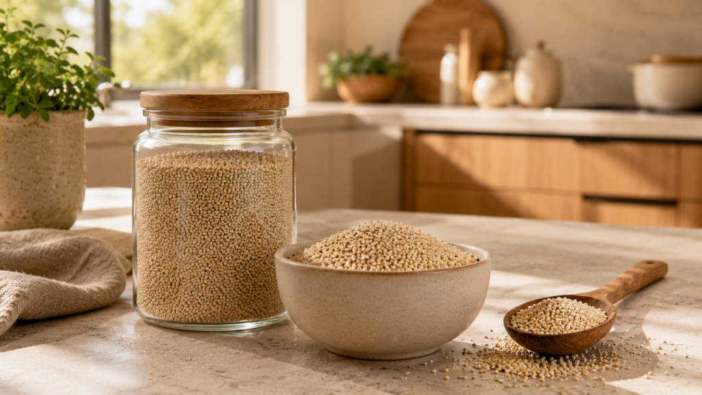 Ungekochte Quinoa in Schale und Vorratsglas