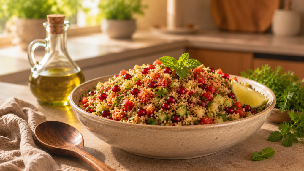 Fertiger Quinoa-Kısır mit Gemüse, Kräutern und Limette in einer Schale