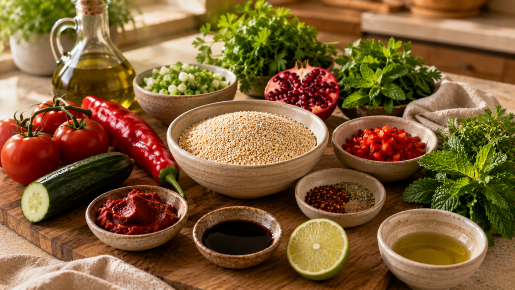 Zutaten für Quinoa-Kısır mit Gemüse, Kräutern und Granatapfel