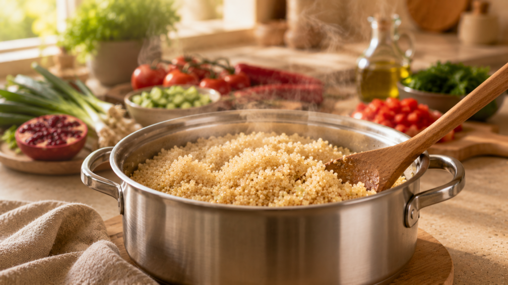 Gekochte Quinoa wird in einem Topf umgerührt