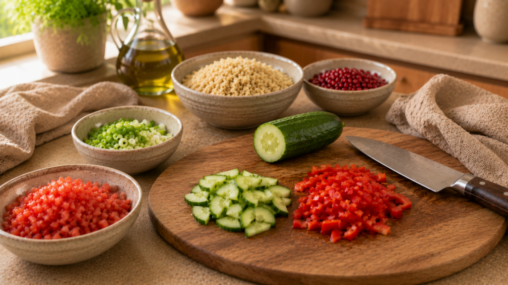 Gurke und Paprika werden für Quinoa-Kısır klein geschnitten