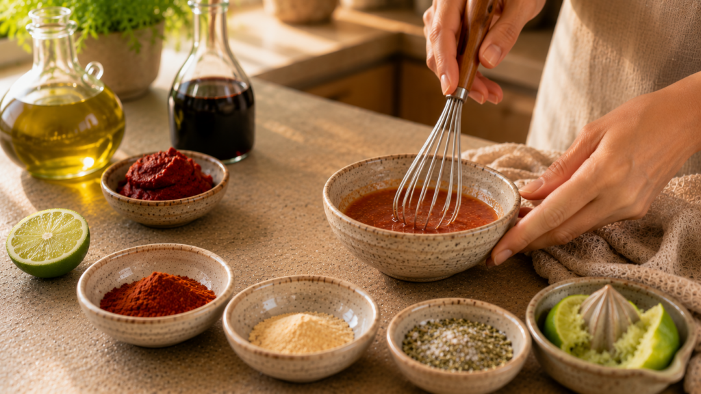 Dressing für Quinoa-Kısır wird mit Gewürzen und Limette verrührt