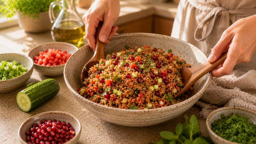 Quinoa-Kısır wird mit Gemüse, Kräutern und Granatapfelkernen vermischt