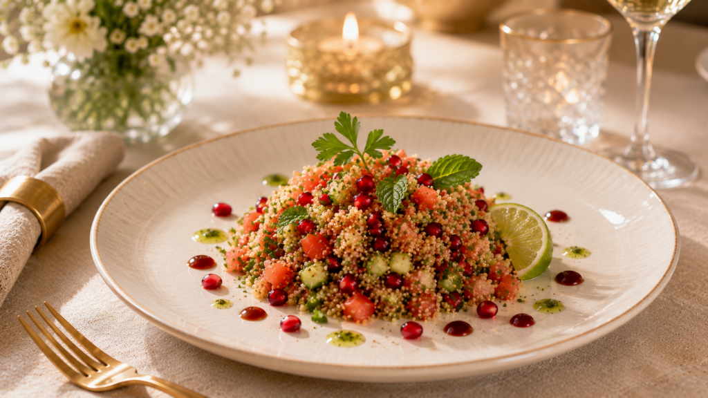 Quinoa-Kısır mit Gemüse, Kräutern und Granatapfelkernen auf einem Teller
