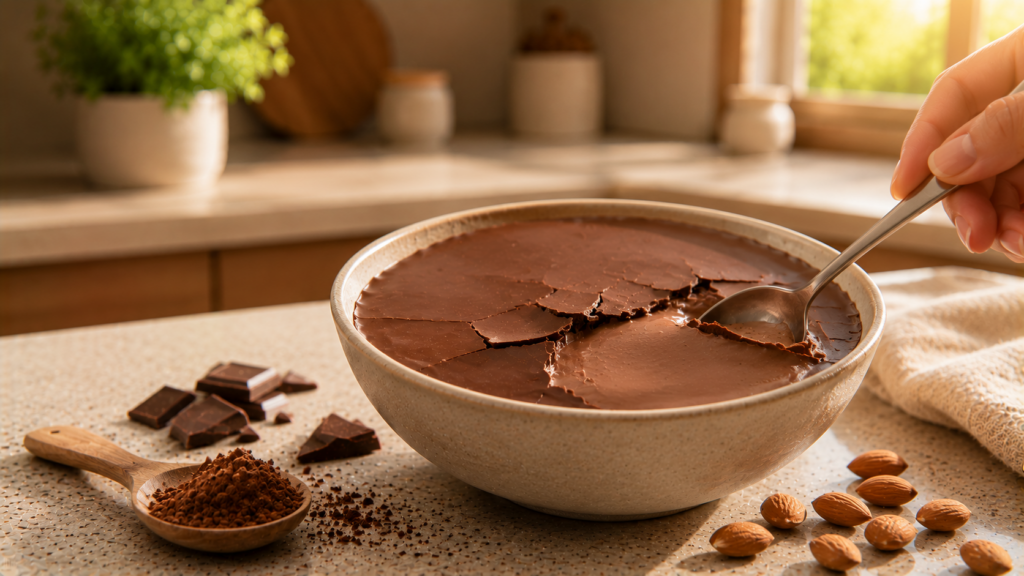 Cremige Schoko-Crunch-Bowl mit Haselnüssen und Schokostückchen