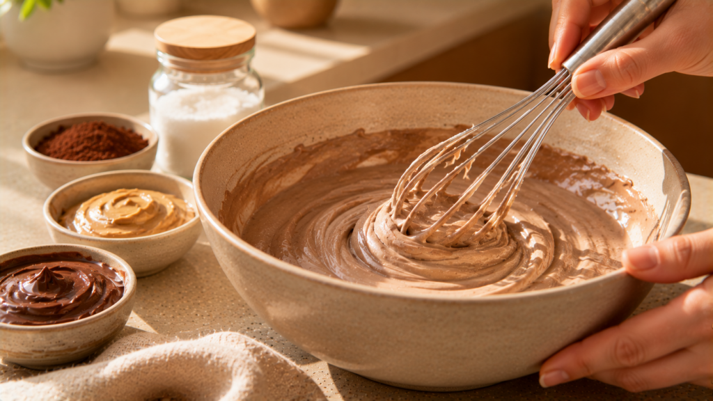 Joghurt und Schokocreme werden für die Schoko-Crunch-Bowl verrührt