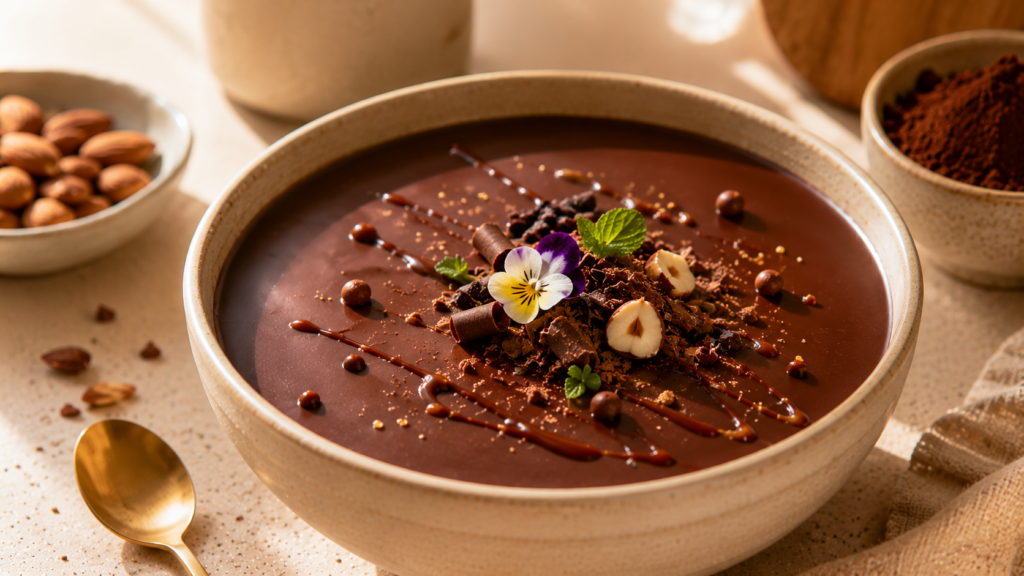 Fertige Schoko-Crunch-Bowl mit Haselnüssen, Schokolade und essbaren Blüten